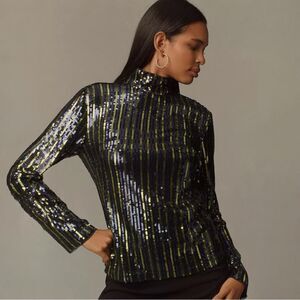 Anthropologie Sequins Top by Maeve Stripe Turtleneck Blouse Size Small NWT